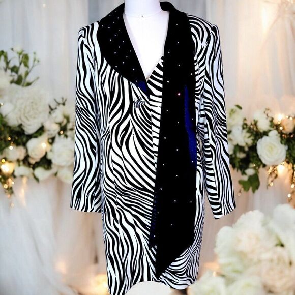 Dressy Zebra print black scarf rhinestones long jacket - Picture 1 of 7